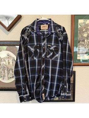 Vintage 90s Rafter C Western Pearl Snap Shirt Mens 2XL Plaid Rodeo Cowboy Aztec